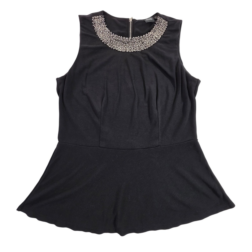 Saks Fifth Avenue Black Label Beaded Neckline Peplum Top Black Sleeveless M